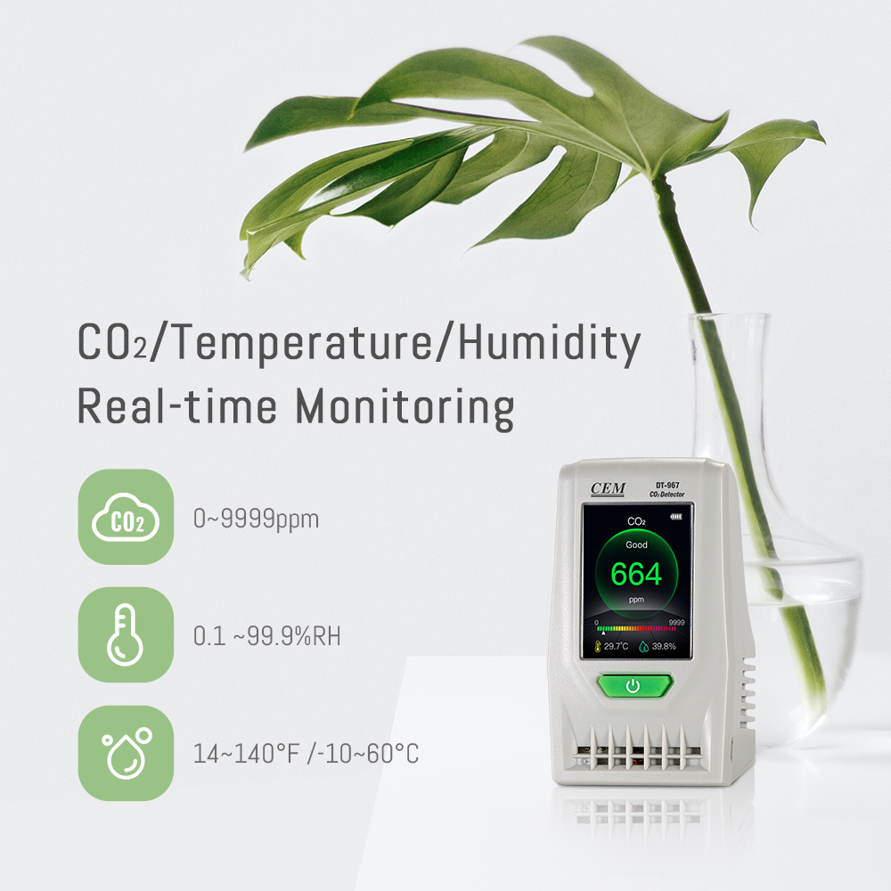 CEM DT-967  Desktop Indoor Air Quality CO2 Monitor With NDIR CO2 sensor And Max/Min CO2 Value Recall Function