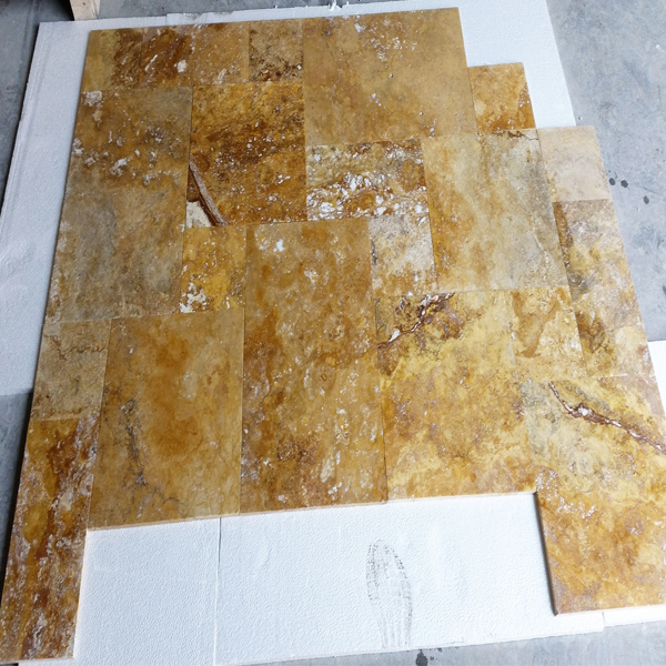 2023 Tuscany Gold Travertine Tile French Pattern Set Paver Tumbled From Turkey Factory Cem-FPT-05 Premium 1st Class  Quality