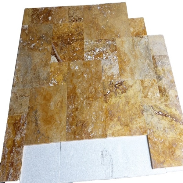 Gold Yellow Travertine Tile French Pattern Set Paver Tumbled Finishing Made in Turkey Cem-FPT-05 Hot Sale Premium Quality