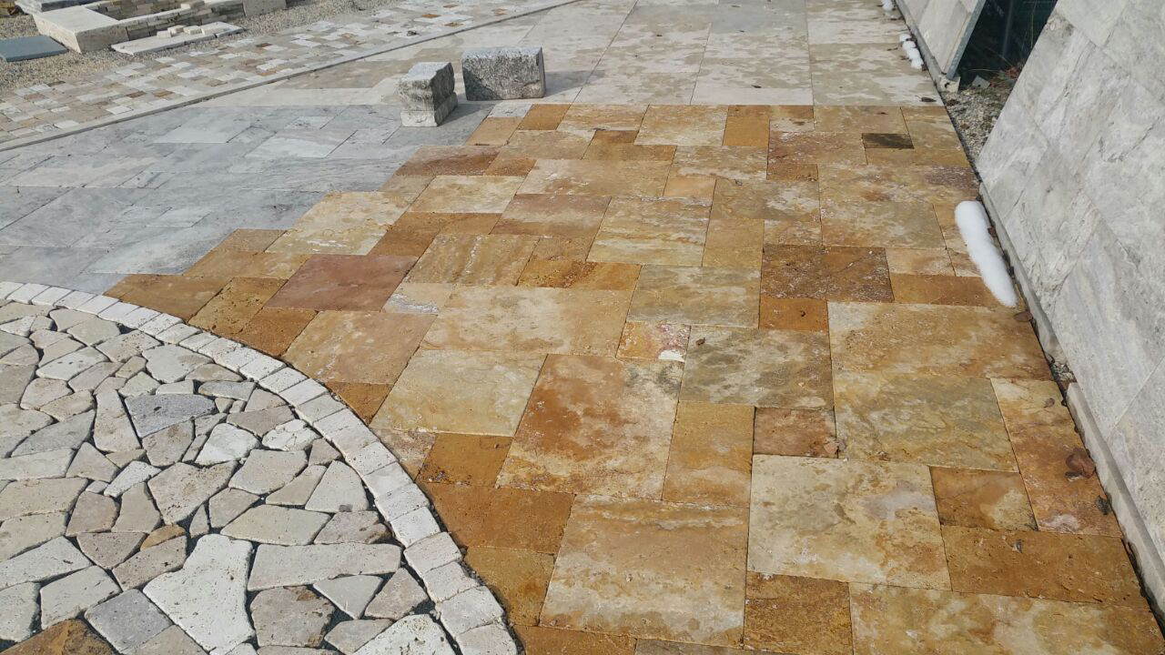 2023 Tuscany Gold Travertine Tile French Pattern Set Paver Tumbled From Turkey Factory Cem-FPT-05 Premium 1st Class  Quality