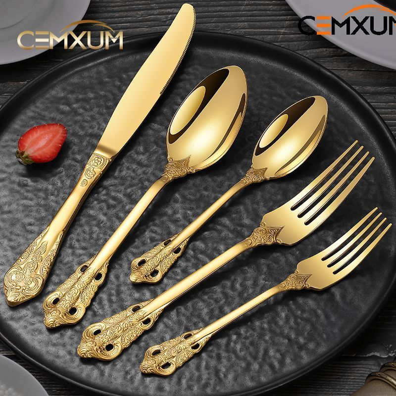 Luxury Restaurant Wedding Silverware Royal Cutlery Set High Quality Steel Bulk Gold Flatware 18/10 Stainless Spoon And Fork