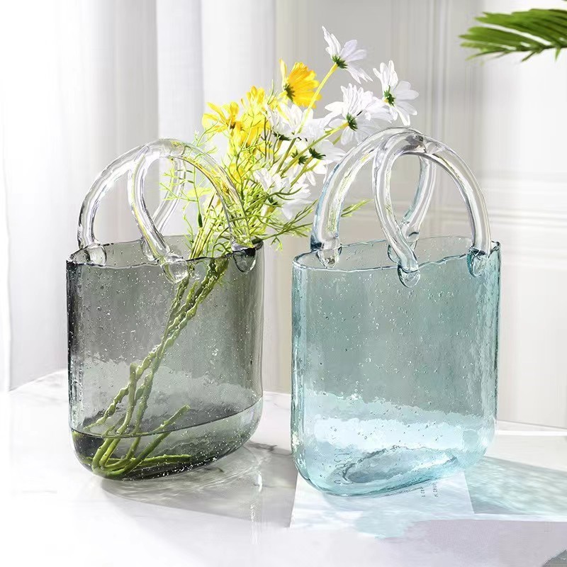 Unique Wide Mouth Bubble Handbag Flower Vases Handmade Glass For Wedding Fashionable