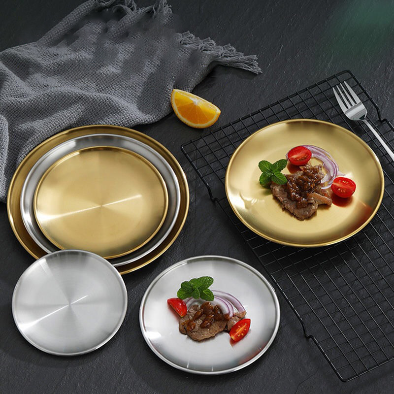 Dinner Plates Serving Tray Round Dessert Cake Snack Dish Silver Storage Plate Gold Stainless Steel Restaurant for Wedding Party