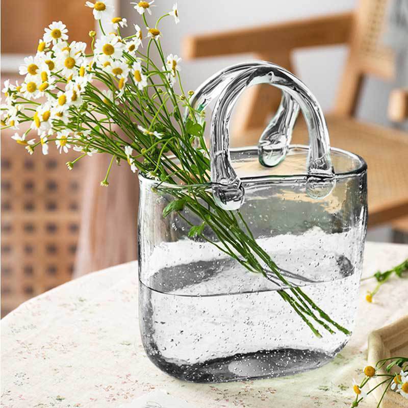 Unique Wide Mouth Bubble Handbag Flower Vases Handmade Glass For Wedding Fashionable