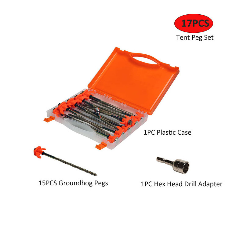 15PCS Groundhog Steel Tent Pegs with Hex Drill Bit and Carry Case,Screw in Tent Stake Outdoor Travel Camping Accessories