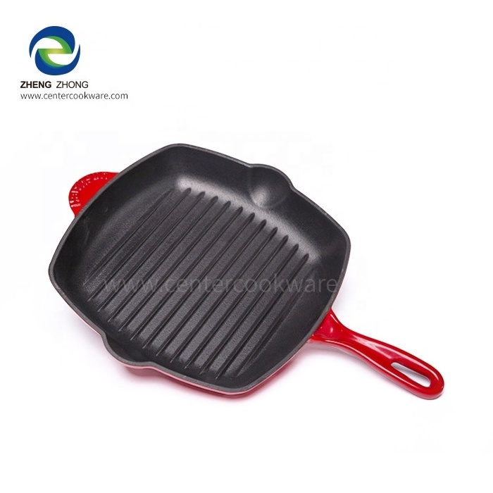 Factory wholesale Square cast iron bbq roasting grill pans metal cast iron bbq steak skillet frying pan with enamel coating