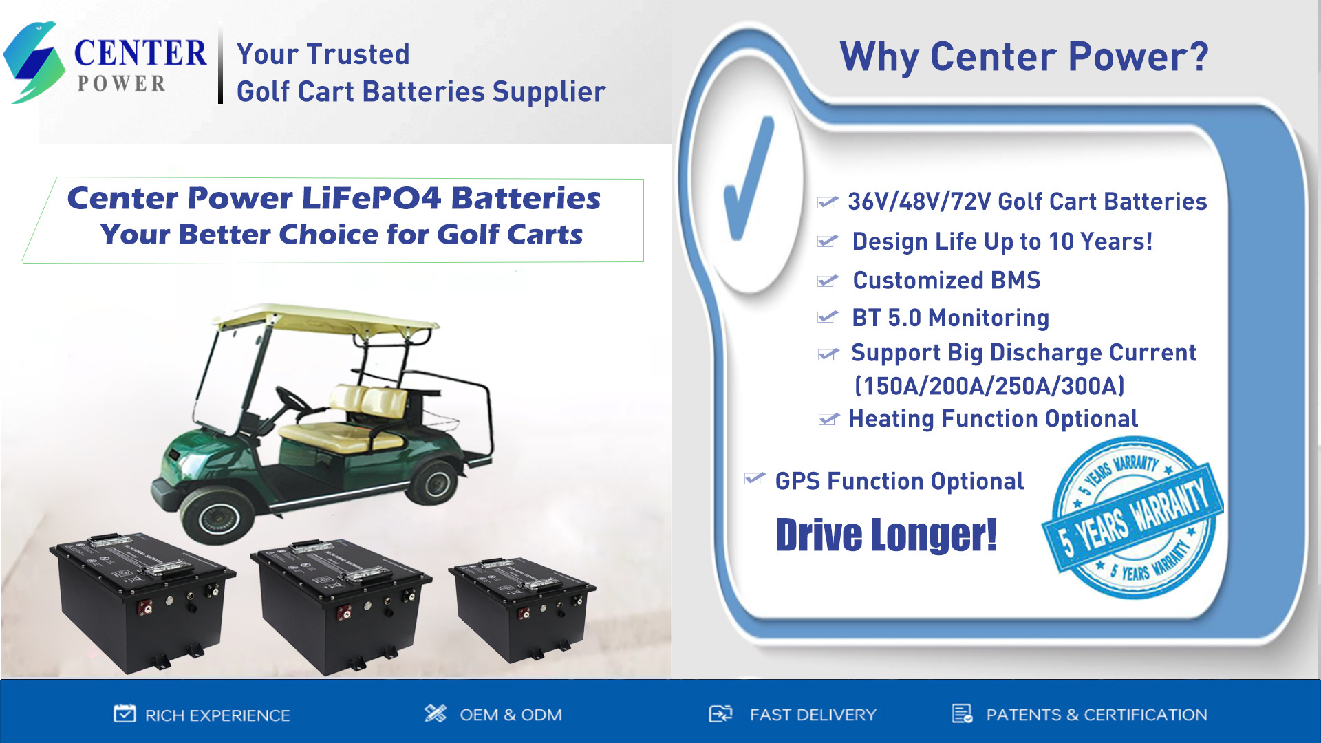 Center Power 36v 48v 72v high quality durable safe lifepo4 golf cart battery with bracket