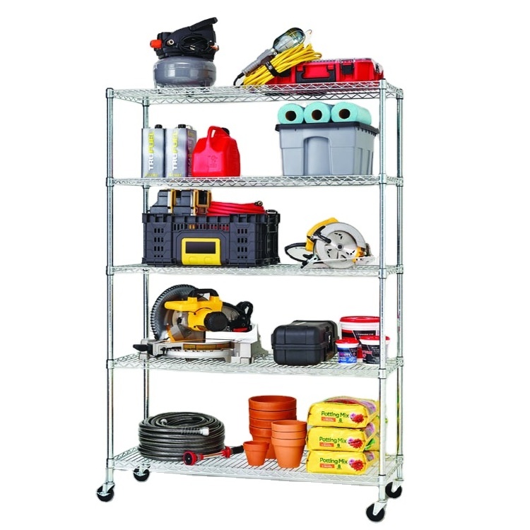 Storage Shelf 5-Tier Galvanized Metal Steel Storage Shelves Units Heavy Duty Wire Boltless Storage Steel Racking with Wheels