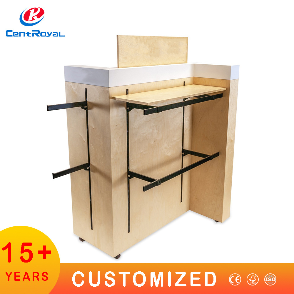 ODM/OEM Luxury  Folding  Wood Veneer Shelves Clothes Exhibition Pants Wooden Display Rack Stand with Hooks T Shirt Display Rack