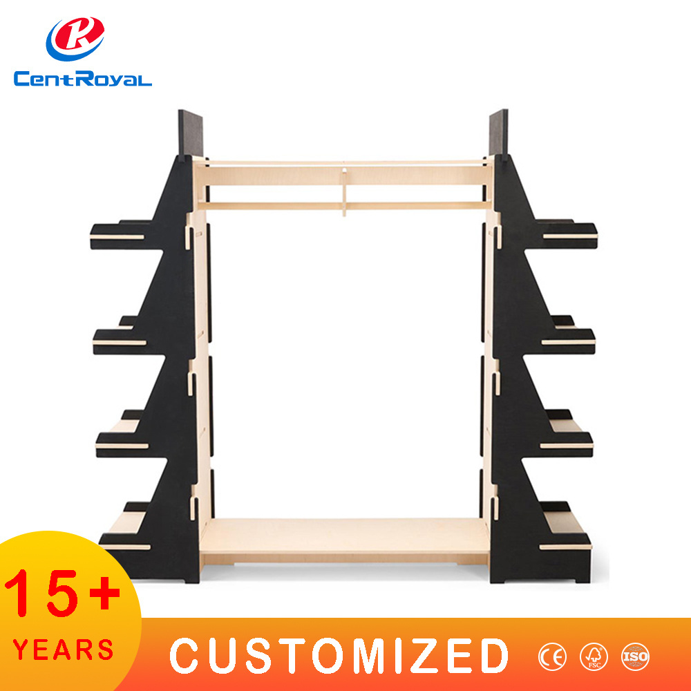 ODM/OEM Luxury  Folding  Wood Veneer Shelves Clothes Exhibition Pants Wooden Display Rack Stand with Hooks T Shirt Display Rack