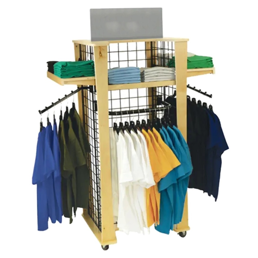 ODM/OEM Luxury  Folding  Wood Veneer Shelves Clothes Exhibition Pants Wooden Display Rack Stand with Hooks T Shirt Display Rack