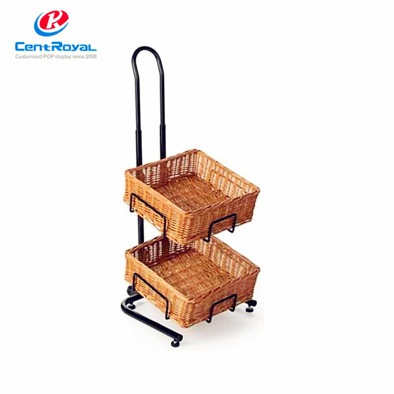 High Quality Commercial Customized Metal Supermarket Shelves Retail Display Stand Snack Food Display Stand Rack with Wood Basket