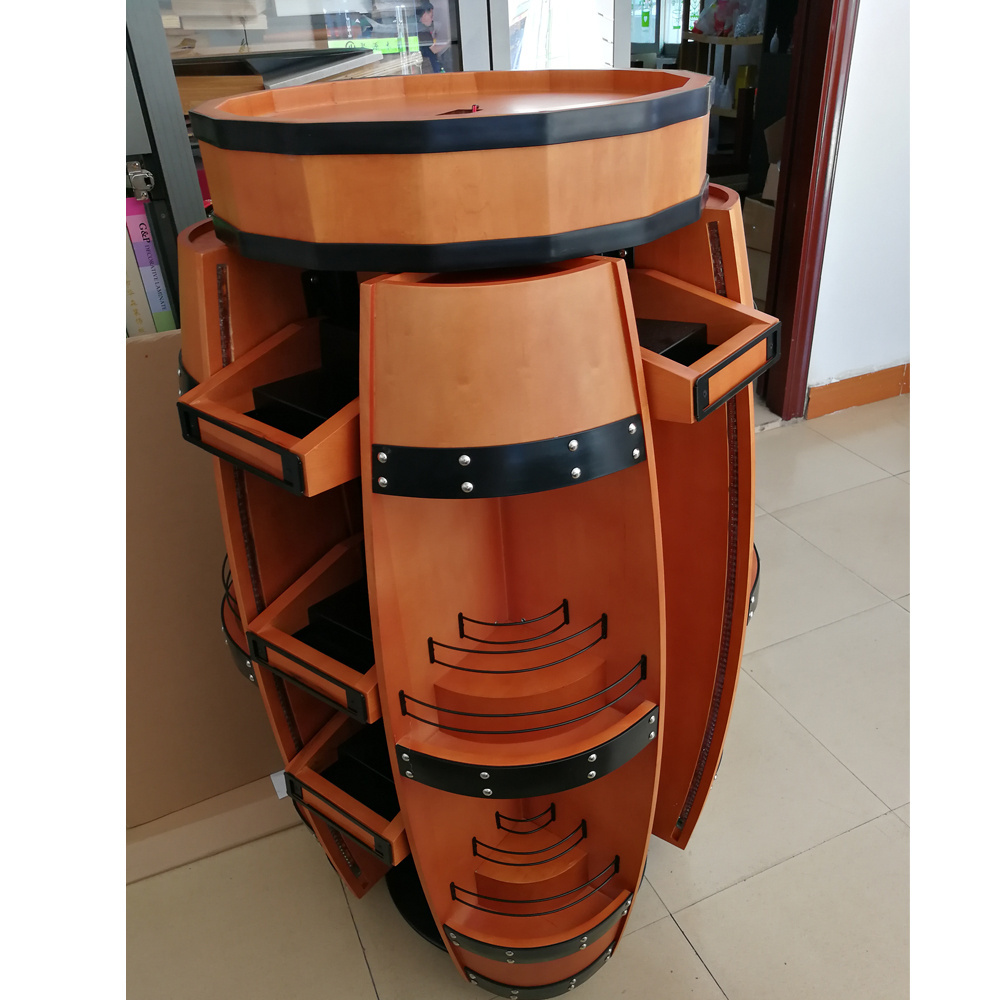 Custom Barrel Wood Beer Liquor Store Supermarket Floor Stand Wine Bar Shop Equipment Furniture Whisky Display Cabinet Wine Rack