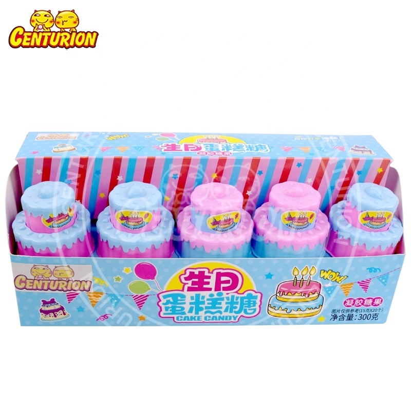 Wholesale fun halal double layer birthday cake shape fruit gummy candy for kids