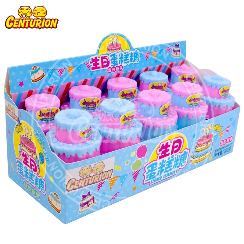 Wholesale fun halal double layer birthday cake shape fruit gummy candy for kids