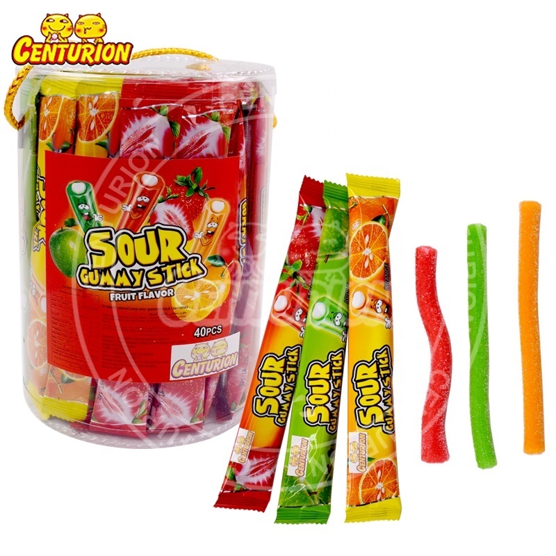 Halal chewy sour fruit jam filled strips colorful rainbow gummy candy