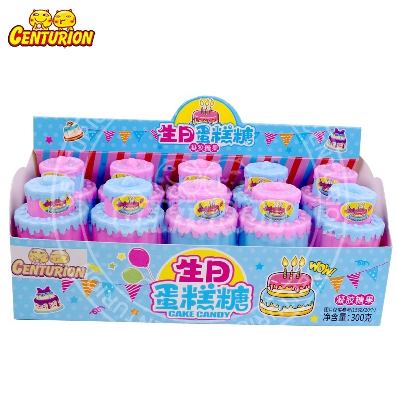 Wholesale fun halal double layer birthday cake shape fruit gummy candy for kids