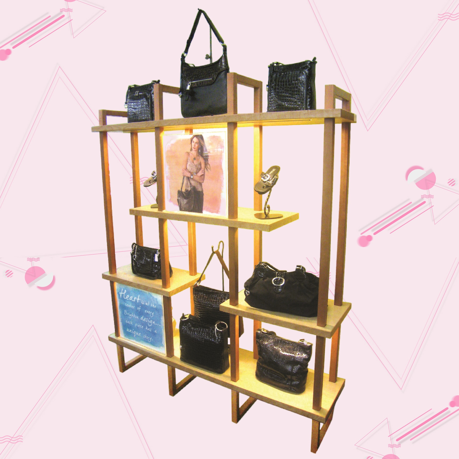 Custom Stainless Steel Handbag Bag Shelf Boutique Commercial Ladies Wall Mounted Shoe Stand Racks for Modern Shops