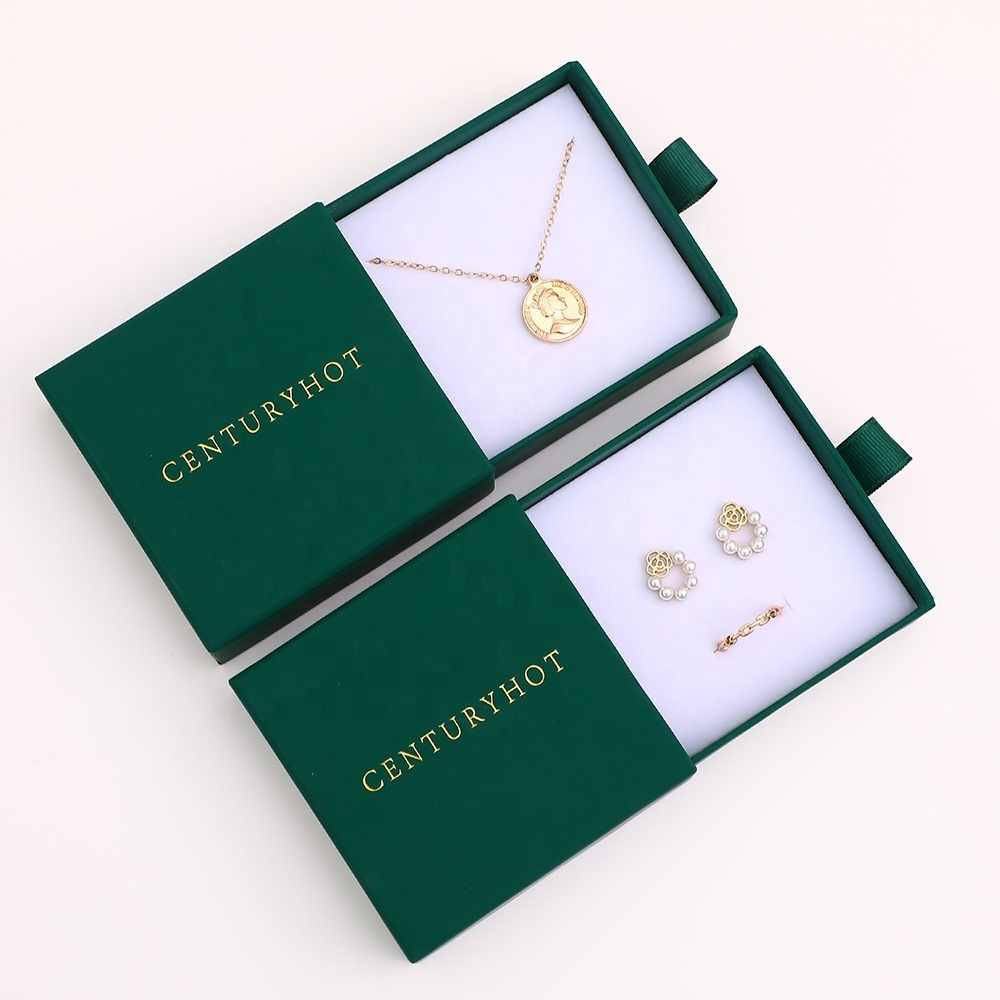 9*9cm Dark  Green  sliding Jewelry Box logo High quality Cardboard  Drawer necklace Boxes With Logo