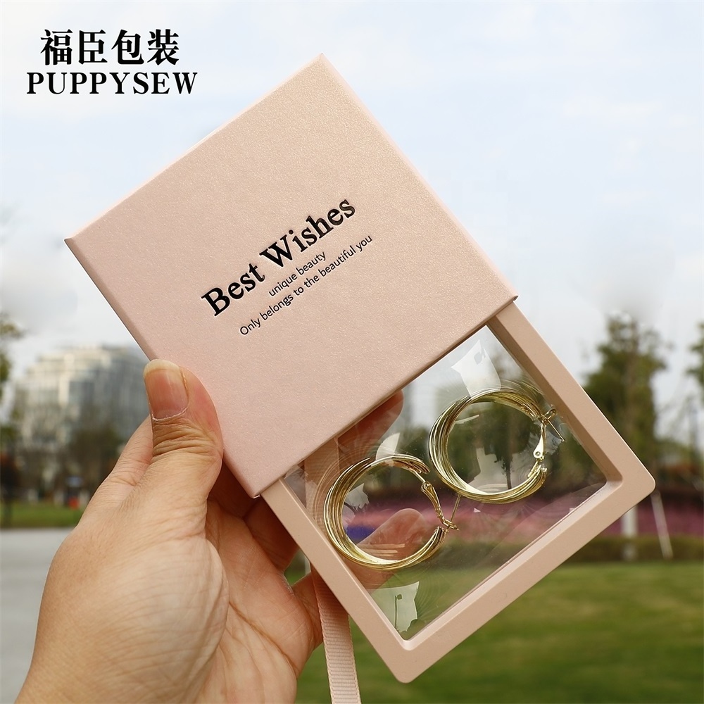 Custom logo 9.5*9.5cm Black Jewelry box Transparent PE Film Display Box   Bracelet Ring Earring Packing Box  With logo