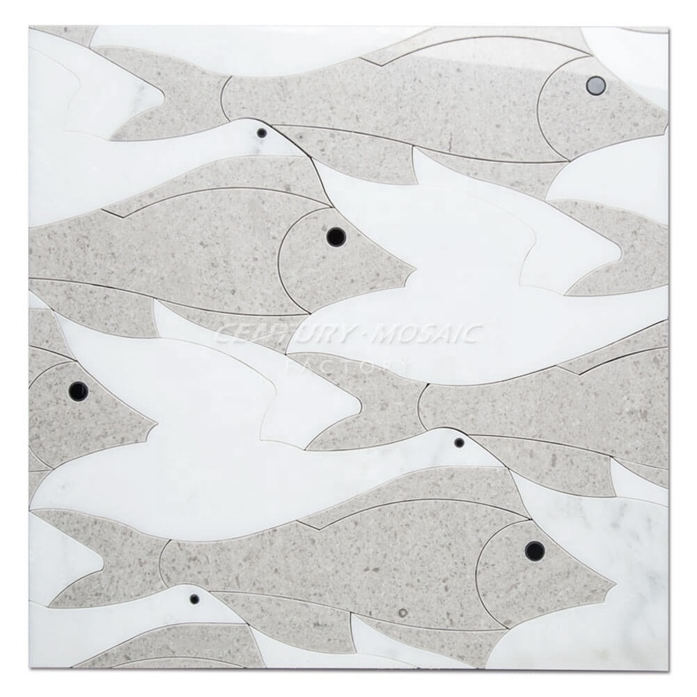 Carrara Flying Fish White Marble Water Jet Mosaic Wall Art Tiles