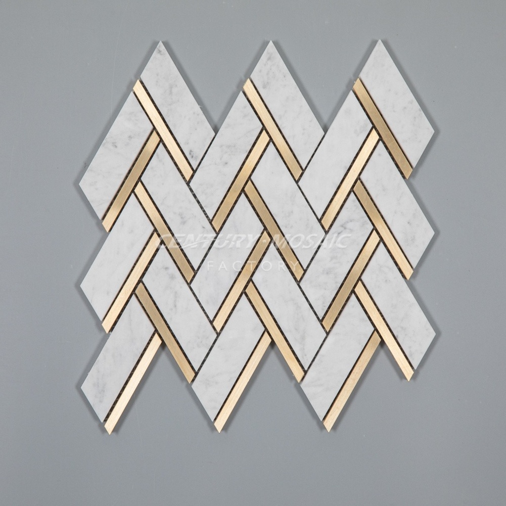 Century Mosaic  Stone Carrara Marble mixed Brass Chevron Herringbone Mosaic White Gold Kitchen Backsplash Wall Mosaic Tile