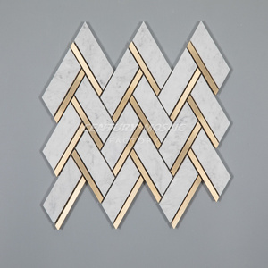 Century Mosaic  Stone Carrara Marble mixed Brass Chevron Herringbone Mosaic White Gold Kitchen Backsplash Wall Mosaic Tile