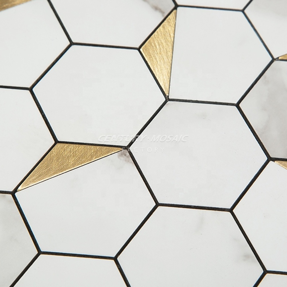 Aluminum Plastic Composite Self Adhesive Peel and Stick Hexagon White Mosaic Tile Stick Vinyl Mosaics Wall