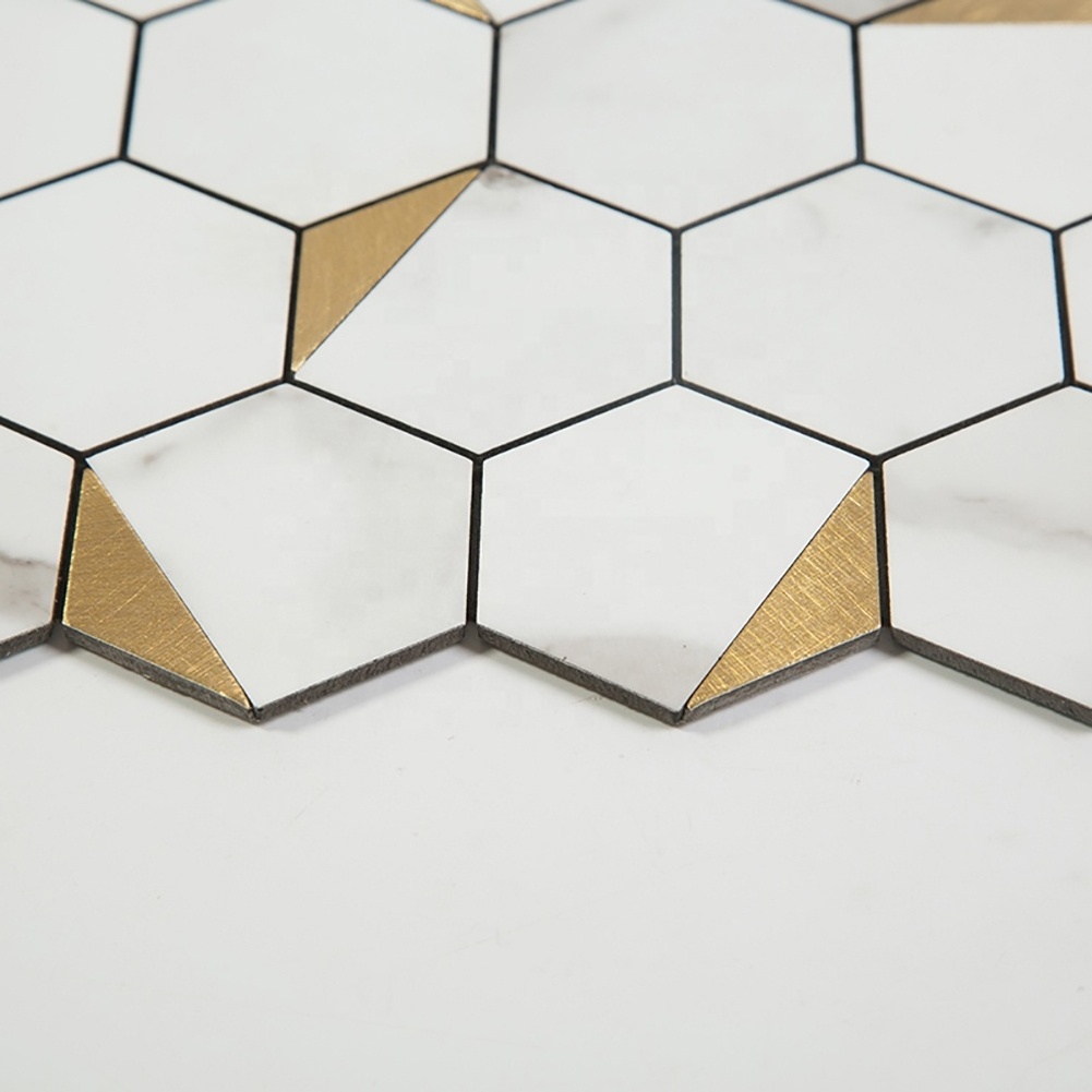 Aluminum Plastic Composite Self Adhesive Peel and Stick Hexagon White Mosaic Tile Stick Vinyl Mosaics Wall