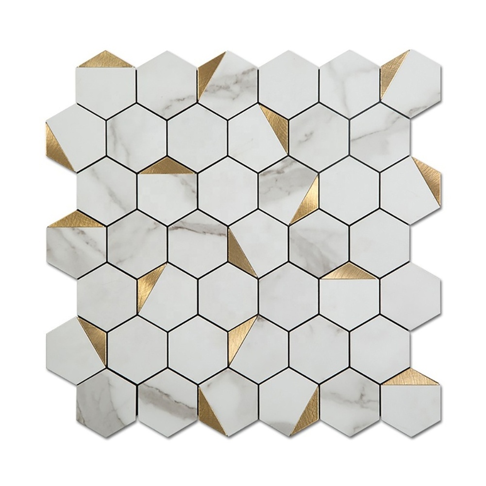 Aluminum Plastic Composite Self Adhesive Peel and Stick Hexagon White Mosaic Tile Stick Vinyl Mosaics Wall