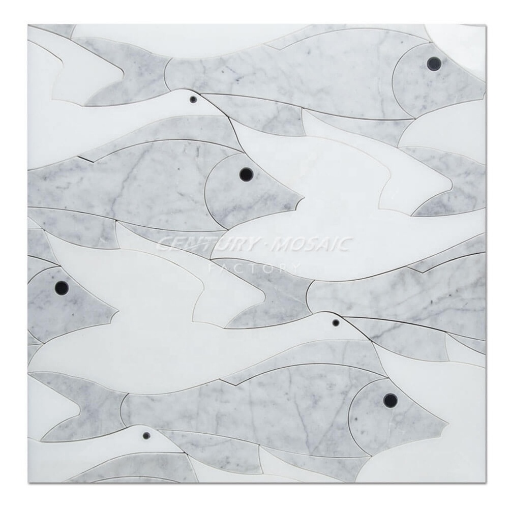 Carrara Flying Fish White Marble Water Jet Mosaic Wall Art Tiles