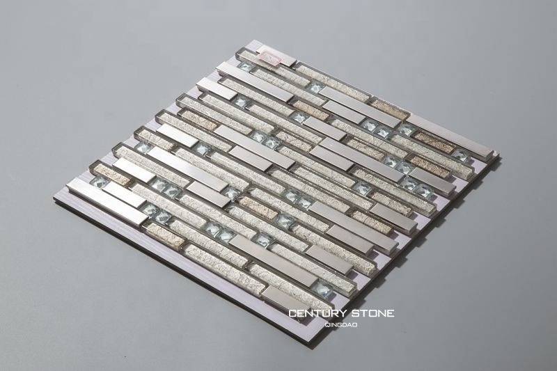 Popular Strip Silver Metal Mixed Glass Mosaic Tile For Kitchen