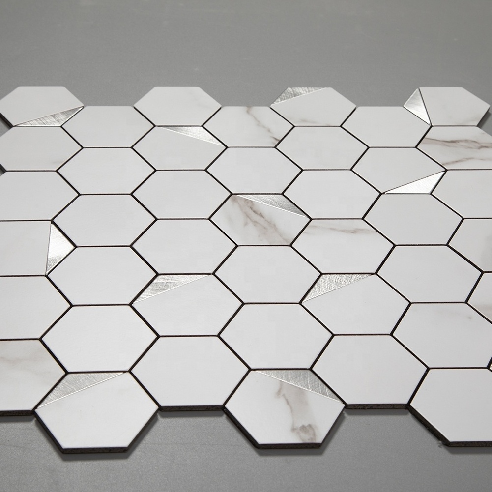 PVC Aluminum Hexagon White Silver Backsplash Peel and Stick Bathroom Tile Self Adhesive Tiles