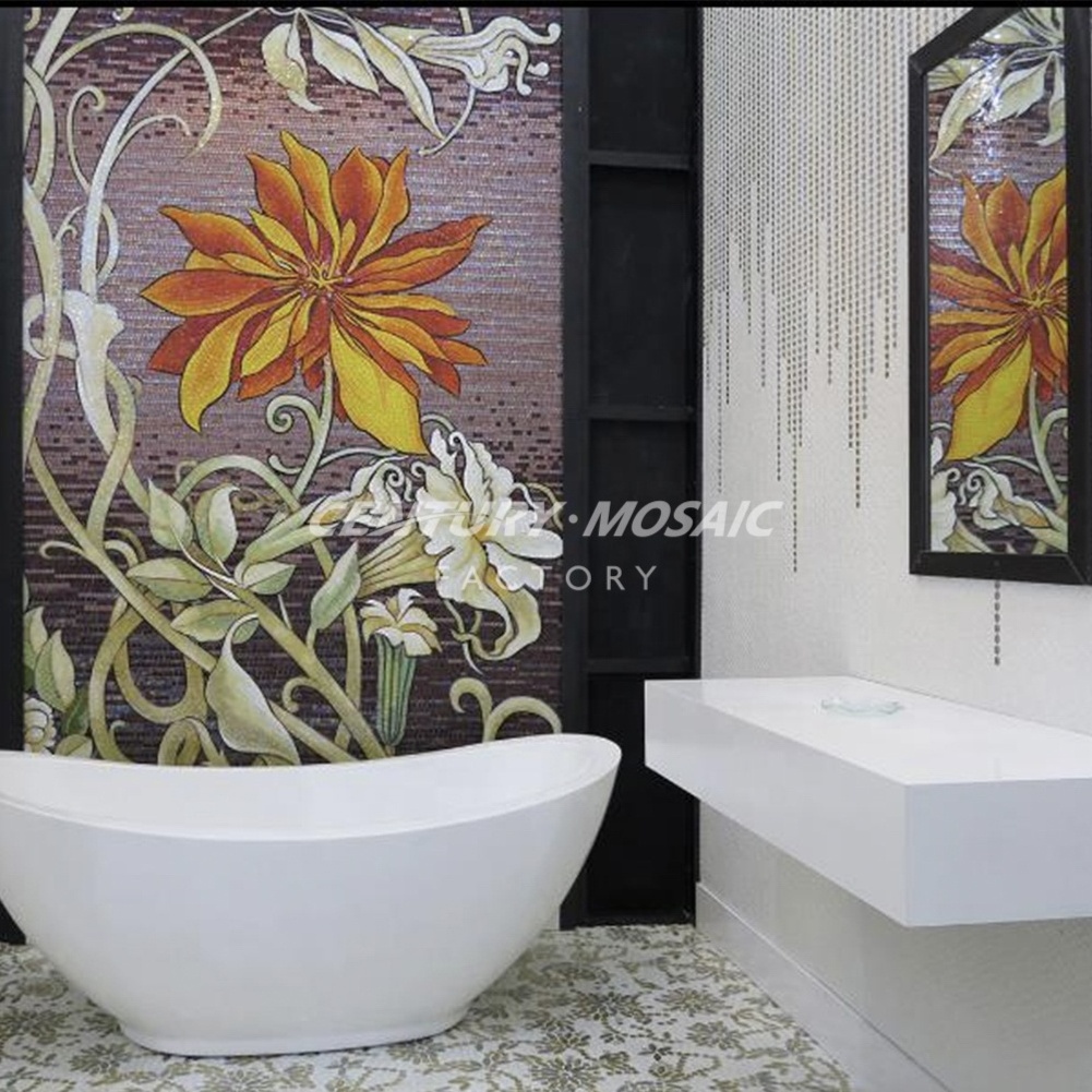 Centurymosaic Custom Flowers Hand Made Picture Patterns Full Glass Art Mural Mosaic Tile for Wall Decoration