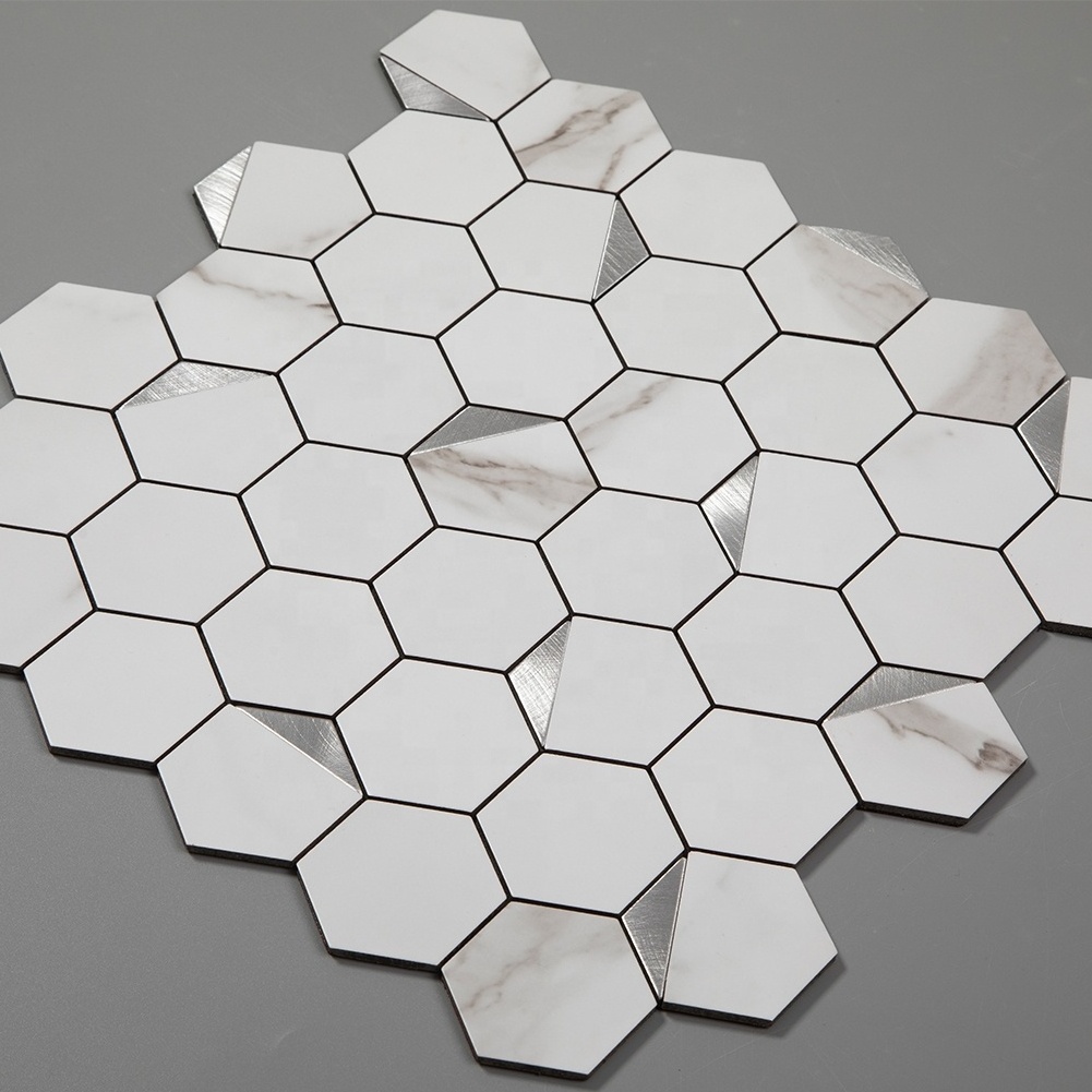 PVC Aluminum Hexagon White Silver Backsplash Peel and Stick Bathroom Tile Self Adhesive Tiles