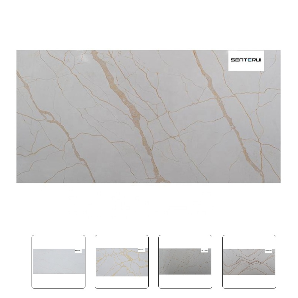 Centurymosaic Wholesale White Calacatta Artifical with Gold Veins Quartz Stone Slab for Countertops