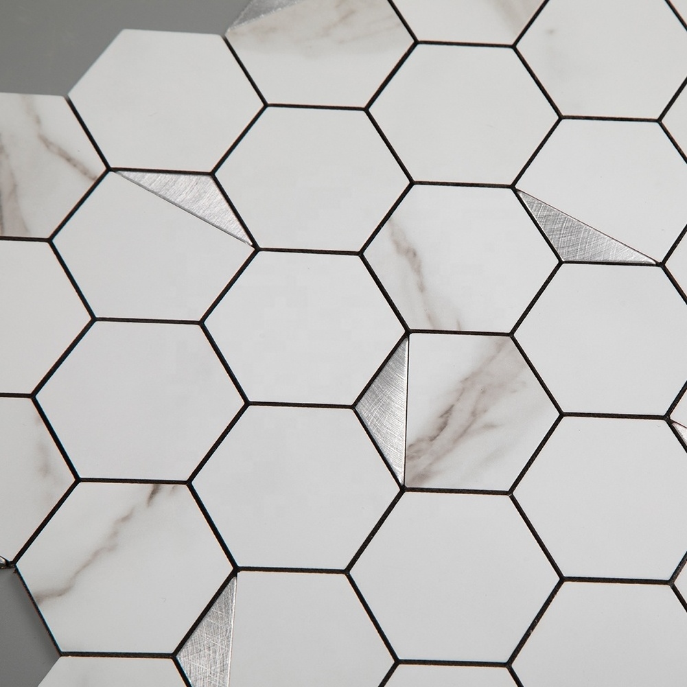 PVC Aluminum Hexagon White Silver Backsplash Peel and Stick Bathroom Tile Self Adhesive Tiles