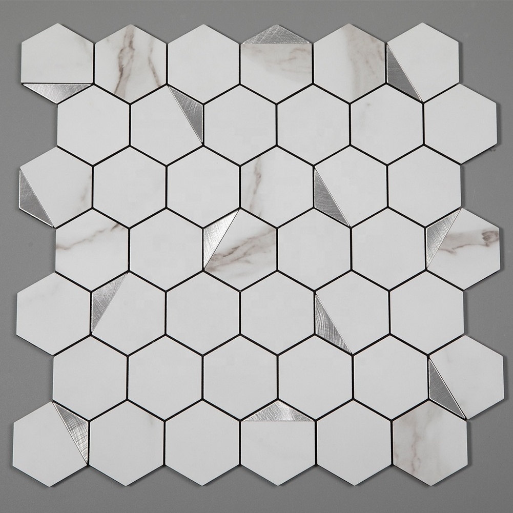 PVC Aluminum Hexagon White Silver Backsplash Peel and Stick Bathroom Tile Self Adhesive Tiles