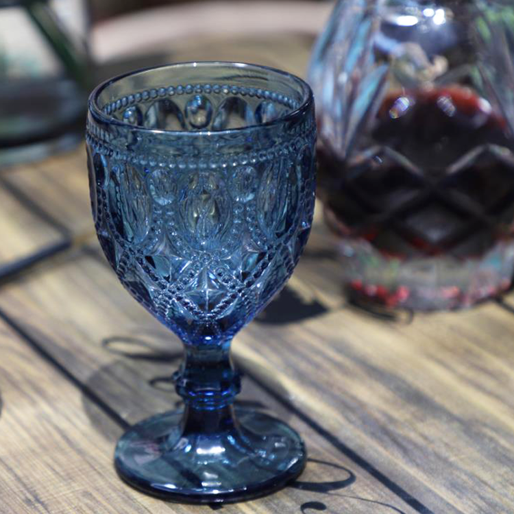 Aeofa vintage pattern embossed crystal glass goblets vintage blue glass goblets