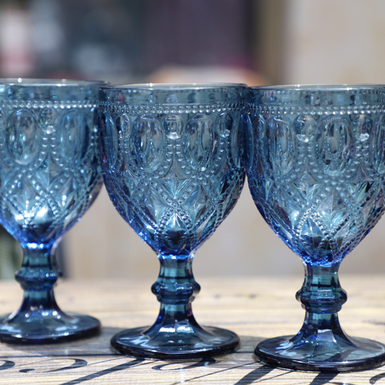 Aeofa vintage pattern embossed crystal glass goblets vintage blue glass goblets