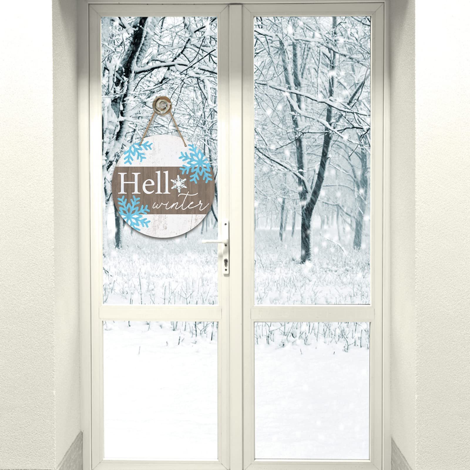 Hello Winter Welcome Wood Wall Hanging Sign Plaque, Round Home Hanging Ornaments for Front Door Porch Garde Room Christmas