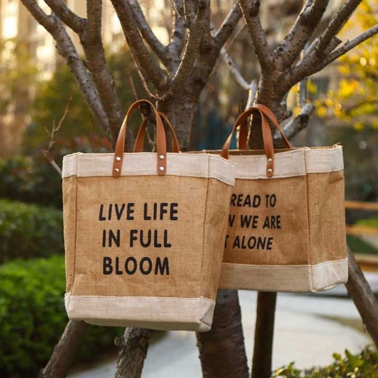 Wholesale Reusable Grocery Shopping Tote Jute Burlap Bag With Leather Handle Linen Beach Hemp Bags