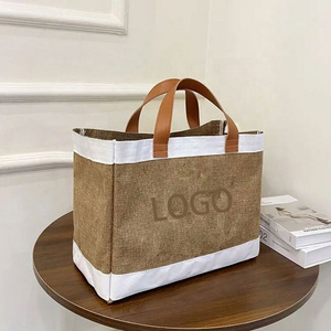 Wholesale Reusable Grocery Shopping Tote Jute Burlap Bag With Leather Handle Linen Beach Hemp Bags