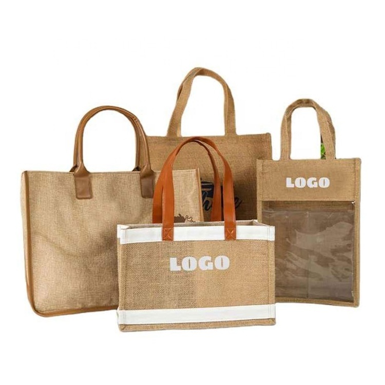 Wholesale Reusable Grocery Shopping Tote Jute Burlap Bag With Leather Handle Linen Beach Hemp Bags