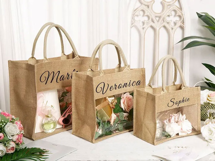 Custom Beach Burlap Tote Bags Sac En Jute Grocery Shopping Bridesmaid Bridal Party Gifts Bags With Pvc Window