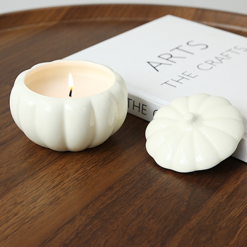 Custom Logo Porcelain Candle Vessels Canister Holder Empty Pumpkin Shape Ceramic Candle Jar With Lid For Candle Making