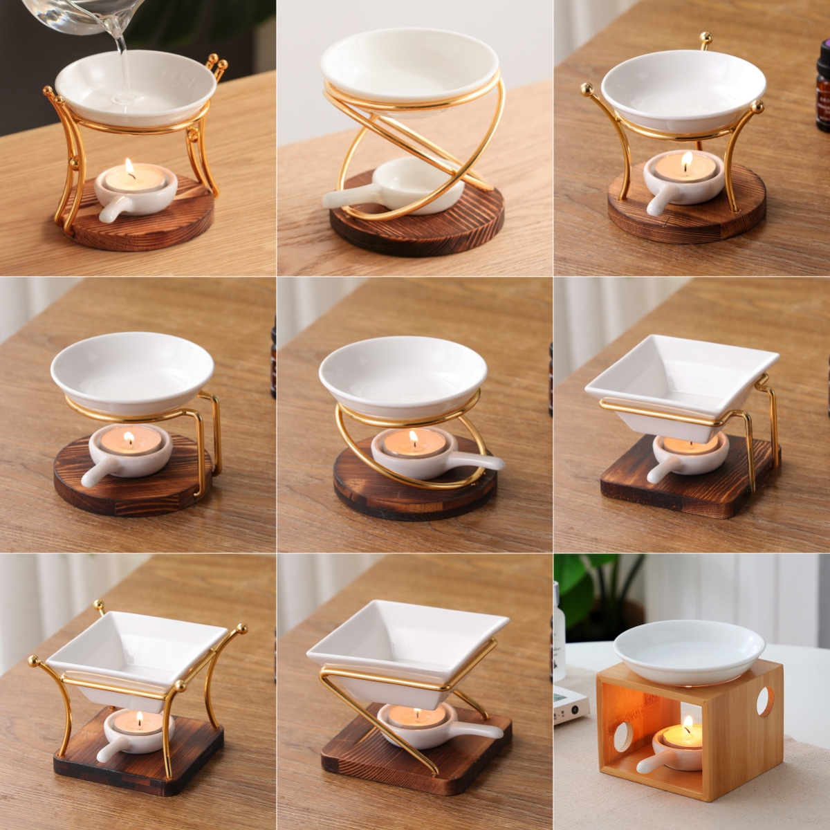 OEM ODM Custom Logo Porcelain Wax Melt Burner Fragrance Ceramic Oil Wax Burner WIth Metal Rack And Wooden Holder