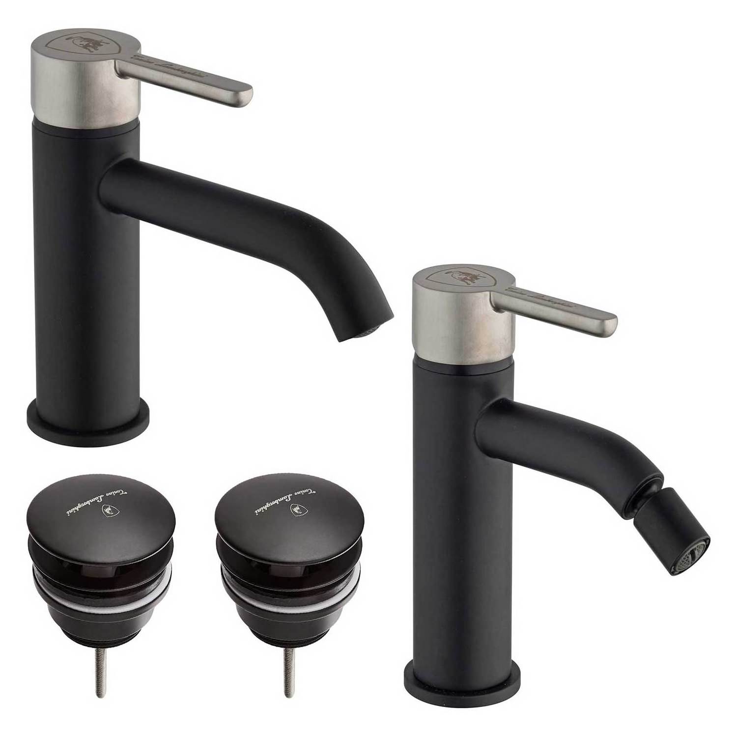 Made in Italy composition of basin and bidet mixers stainless still with black Clic Clac waste and sanitized handle