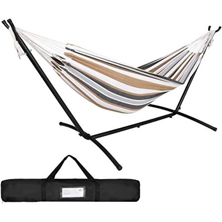 Double Cotton Hammock with Portable Heavy Duty Stainless Steel Frame Stand Hammock Metal Steel Hanging