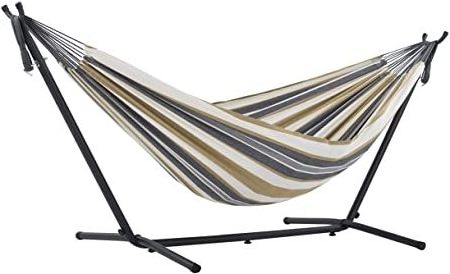 Double Cotton Hammock with Portable Heavy Duty Stainless Steel Frame Stand Hammock Metal Steel Hanging